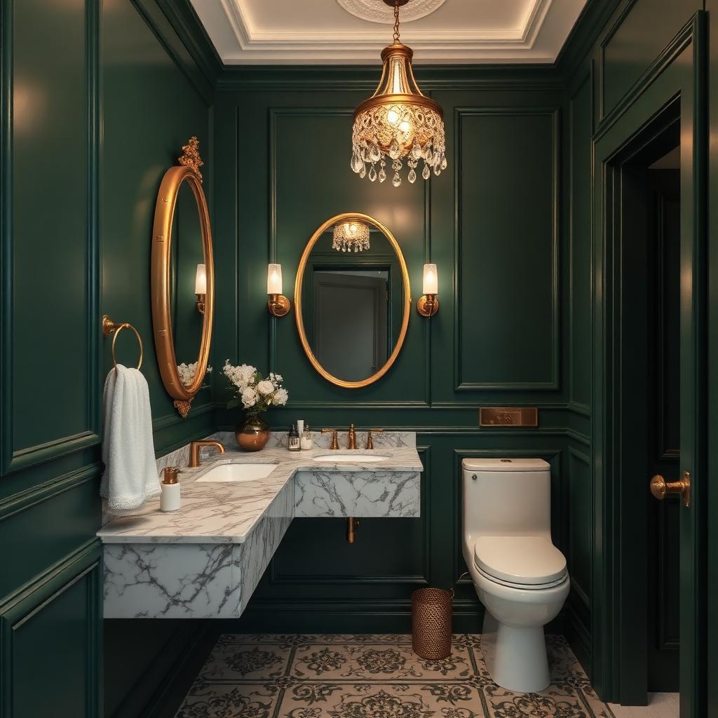 Elegant powder room with GREENX deep green walls