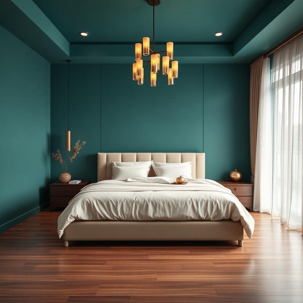 Luxury master bedroom with GREENX teal painted wall