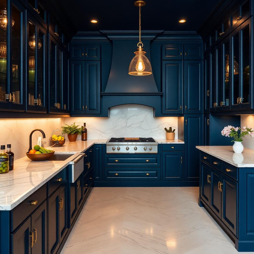 Dark blue luxury kitchen finished with GREENX Paints