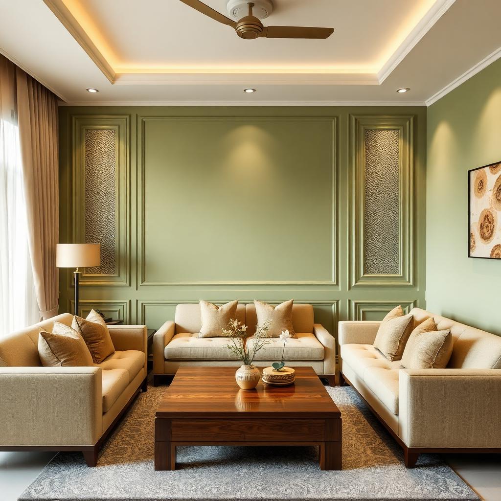 Modern lounge with GREENX sage green feature wall